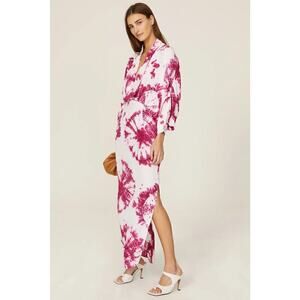 S/W/F Magenta Tie Dye Plunge Dress Long Dolman Sleeve Maxi Pink White Size XS